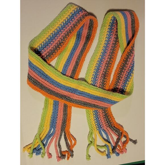 Talbots 30% Wool Knit Long Fringed Scarf Yellow Pink Orange Blue Green 88" x 4" - Picture 6 of 8